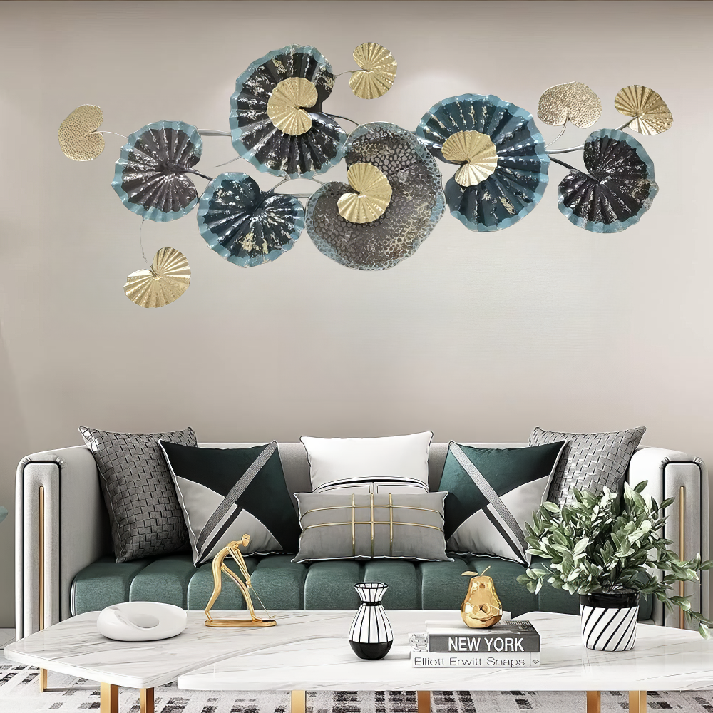 Decoratiune Metalica de Perete LuxCanva® Ocean Flowers A2412, din Metal, Albastru, Orizontala, Auriu, Argintiu, Dimensiune Mare 140 x 60 cm
