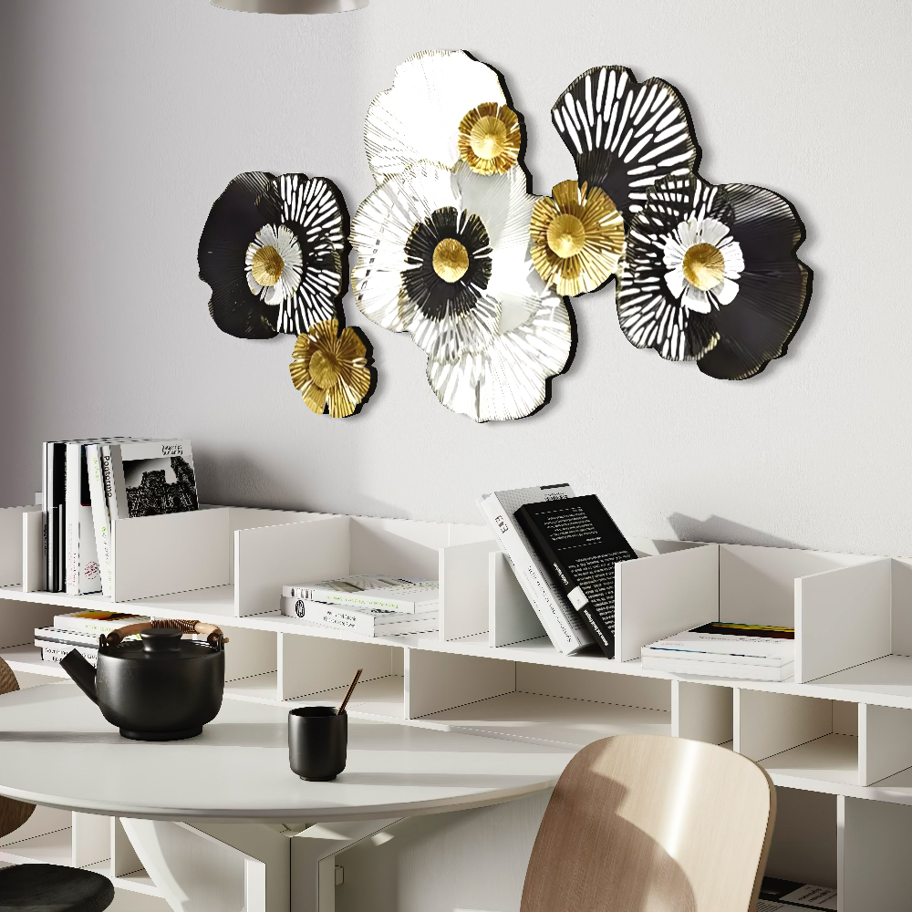 Decoratiune Metalica de Perete LuxCanva® RoyalSimplicity A0963, din Metal, Orizontala, Negru, Auriu, Alb, Dimensiune Mare 155 x 70 cm