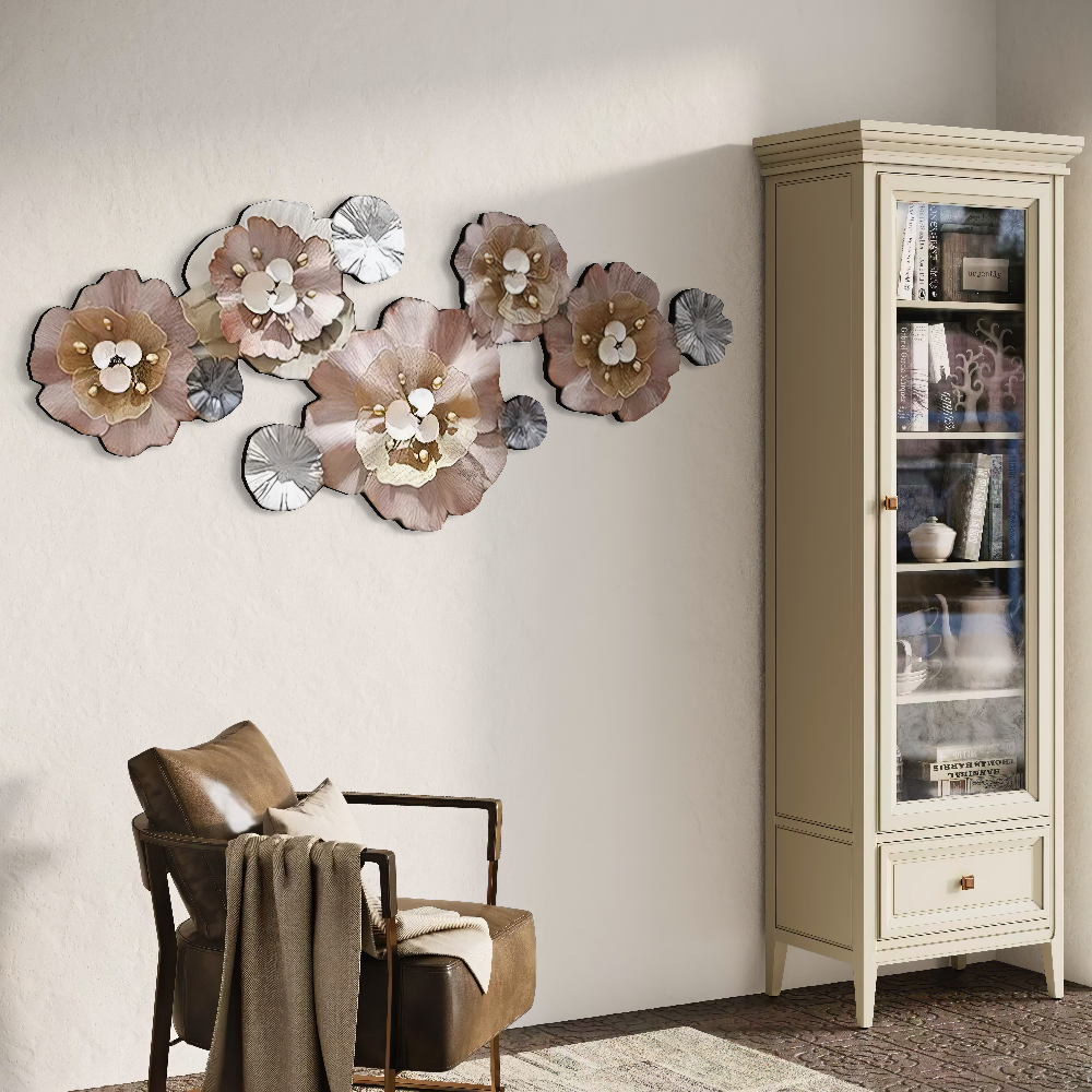 Decoratiune Metalica de Perete LuxCanva® CrystalBloom A2025M Roz, din Metal, Orizontala, Roz, Auriu, Gri, Dimensiune Mare 160 x 64 cm