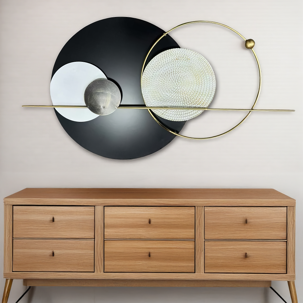 Decoratiune Metalica de Perete LuxCanva® Element Lines A2261, din Metal, Negru, Gold, Alb, Gri, Auriu, Dimensiune Mare 110 x 60 cm