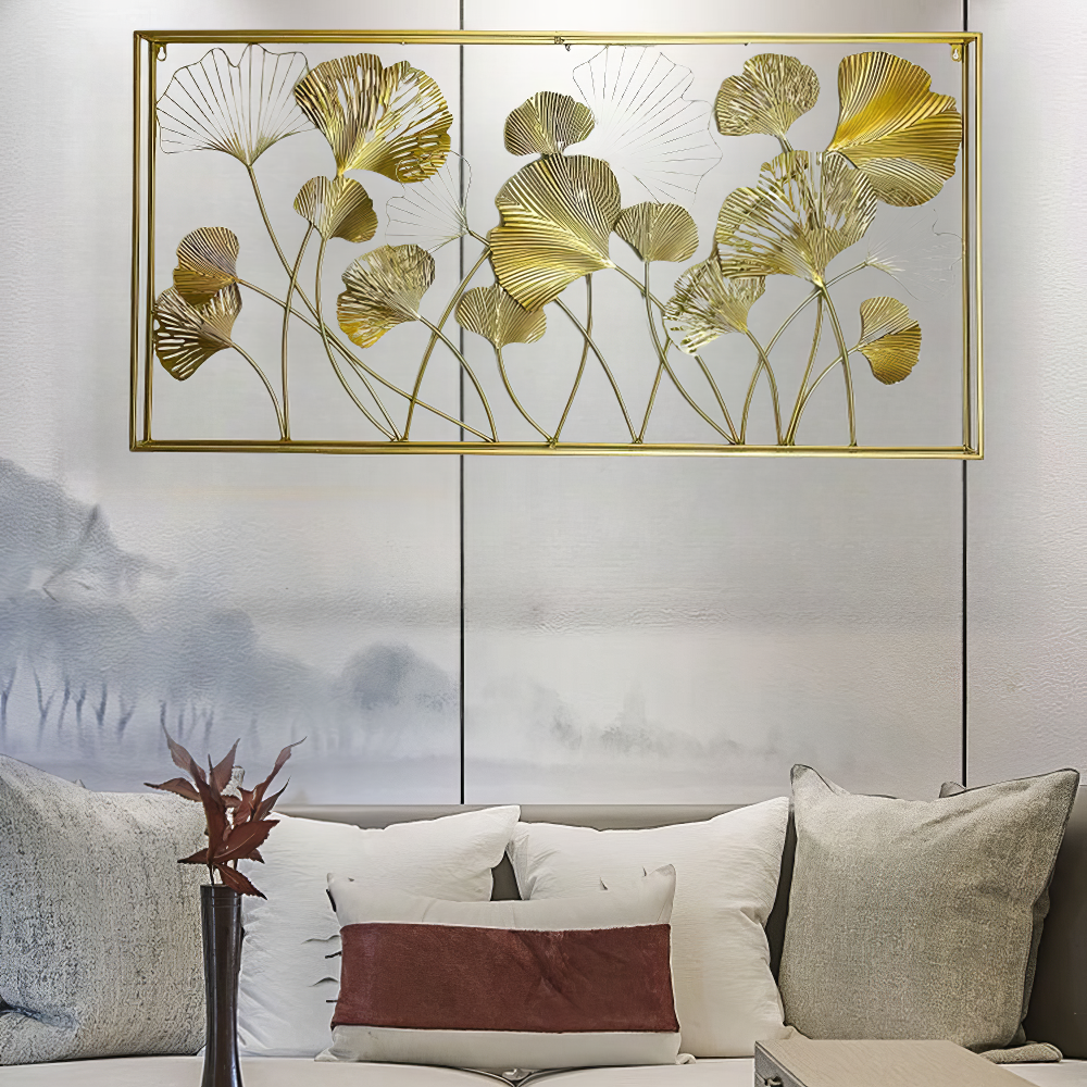Decoratiune Metalica de Perete LuxCanva® GinkgoAura A0823, din Metal, Orizontala, Auriu, Dimensiune Mare 125 x 60 cm