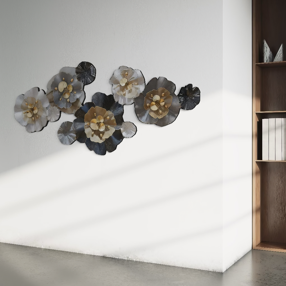 Decoratiune Metalica de Perete LuxCanva® CrystalBloom A2025M Negru, din Metal, Orizontala, Auriu, Alb, Gri, Negru, Dimensiune Mare 160 x 64 cm