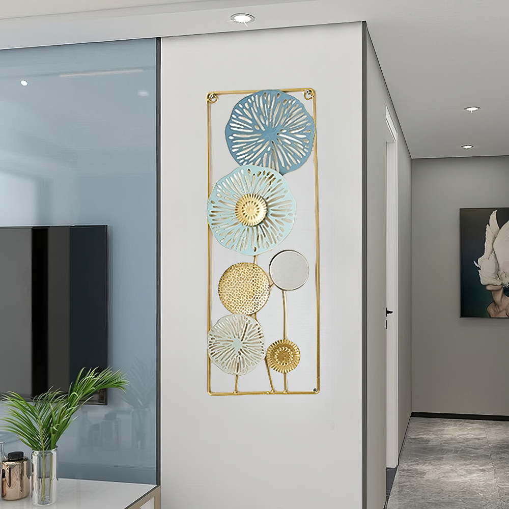 Decoratiune Metalica de Perete LuxCanva® BloomFrame A2920, din Metal, Verticala, Albastru, Auriu, Argintiu, 22 × 60 x 2 cm