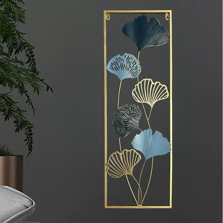 Decoratiune Metalica de Perete LuxCanva® Blue Petal Contour A2926R, din Metal, Verticala, Auriu, Bleu, Gri Petrol, Dimensiune Mare 30 × 85 × 2 cm