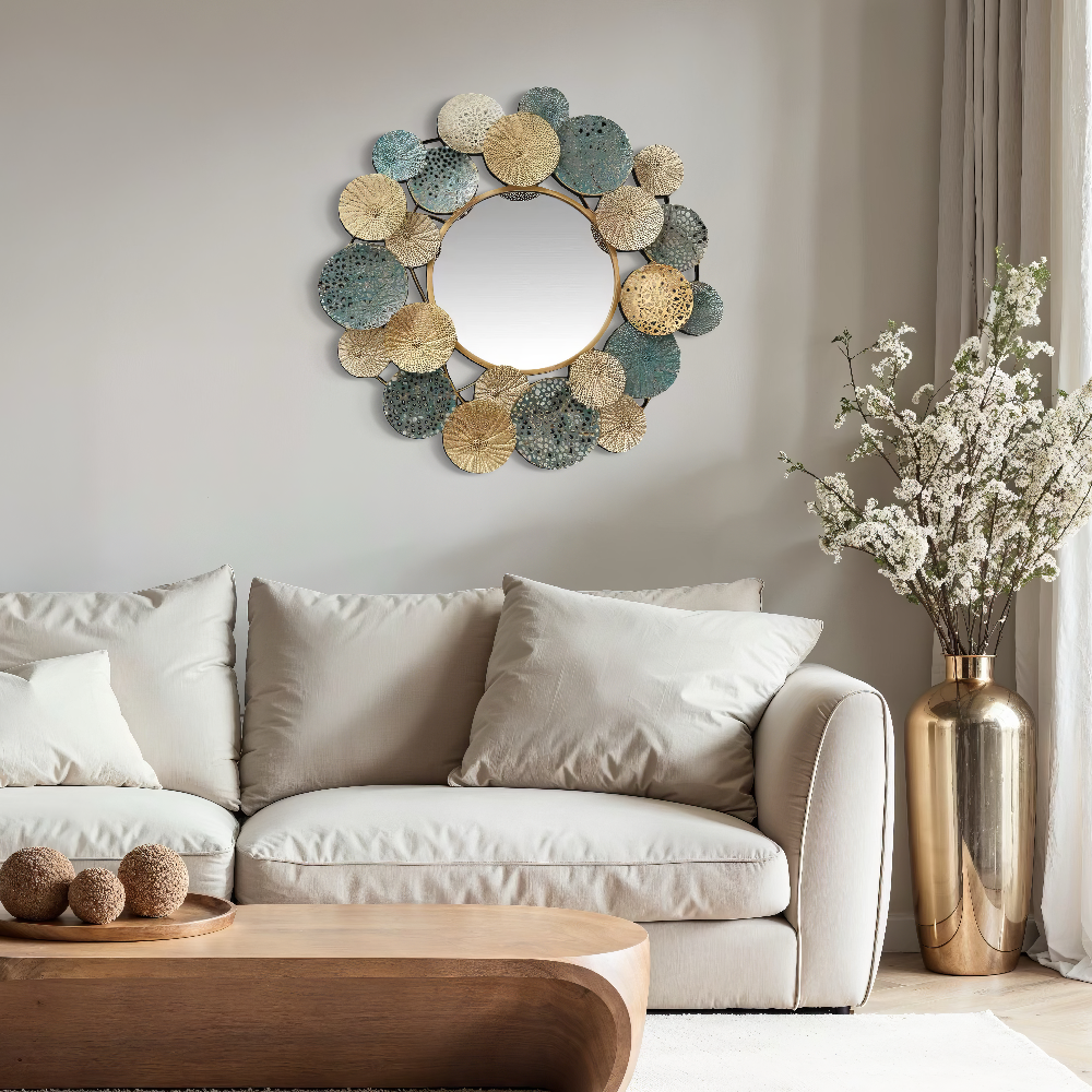 Decoratiune Metalica de Perete LuxCanva® OpalCircles A0921, din Metal, Rotunda, Auriu, Verde, Dimensiune Mare 84 × 73 x 3 cm