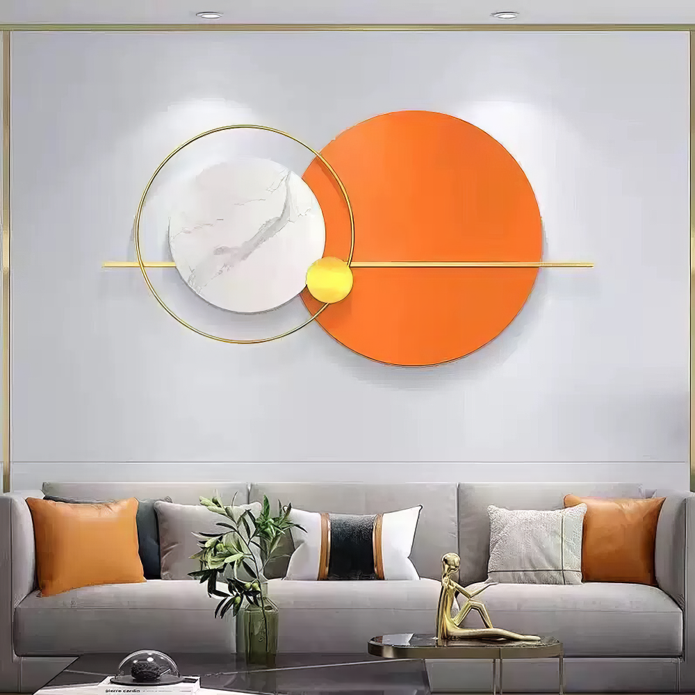 Decoratiune Metalica de Perete LuxCanva® Solar Harmony A2259, din Metal, Orizontala, Portocaliu, Alb, Auriu, Dimensiune Mare 110 x 60 cm