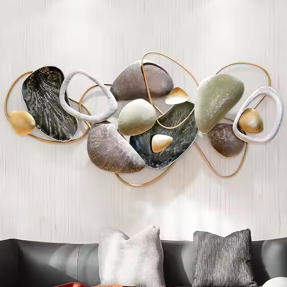 Decoratiune Metalica de Perete LuxCanva® Stone Harmony A2028, din Metal, Orizontal, Negru, Gri, Alb, Auriu, Dimensiune Mare 135 x 64 cm