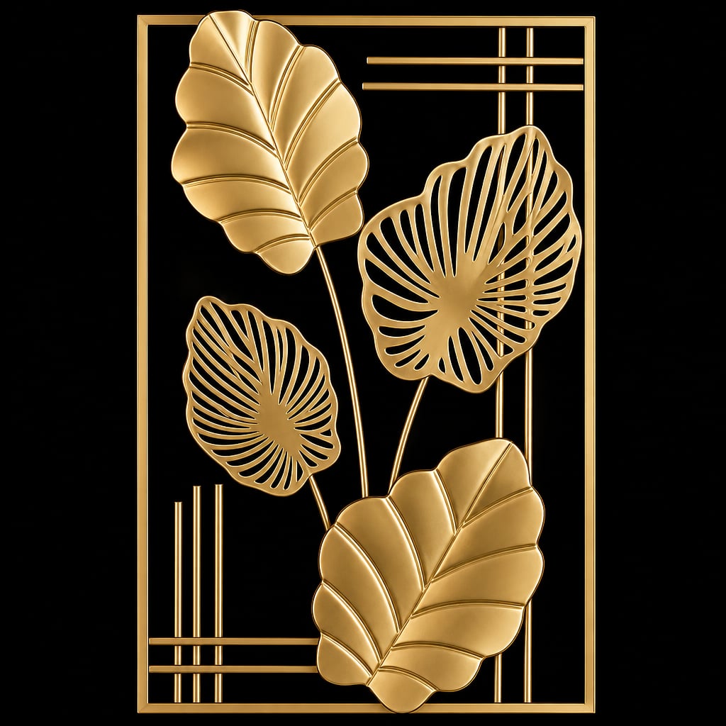 Decoratiune Metalica de Perete LuxCanva® 4Leafs Frame A2931, din Metal, Verticala, Auriu, Dimensiune Mare 30 × 45 × 2 cm