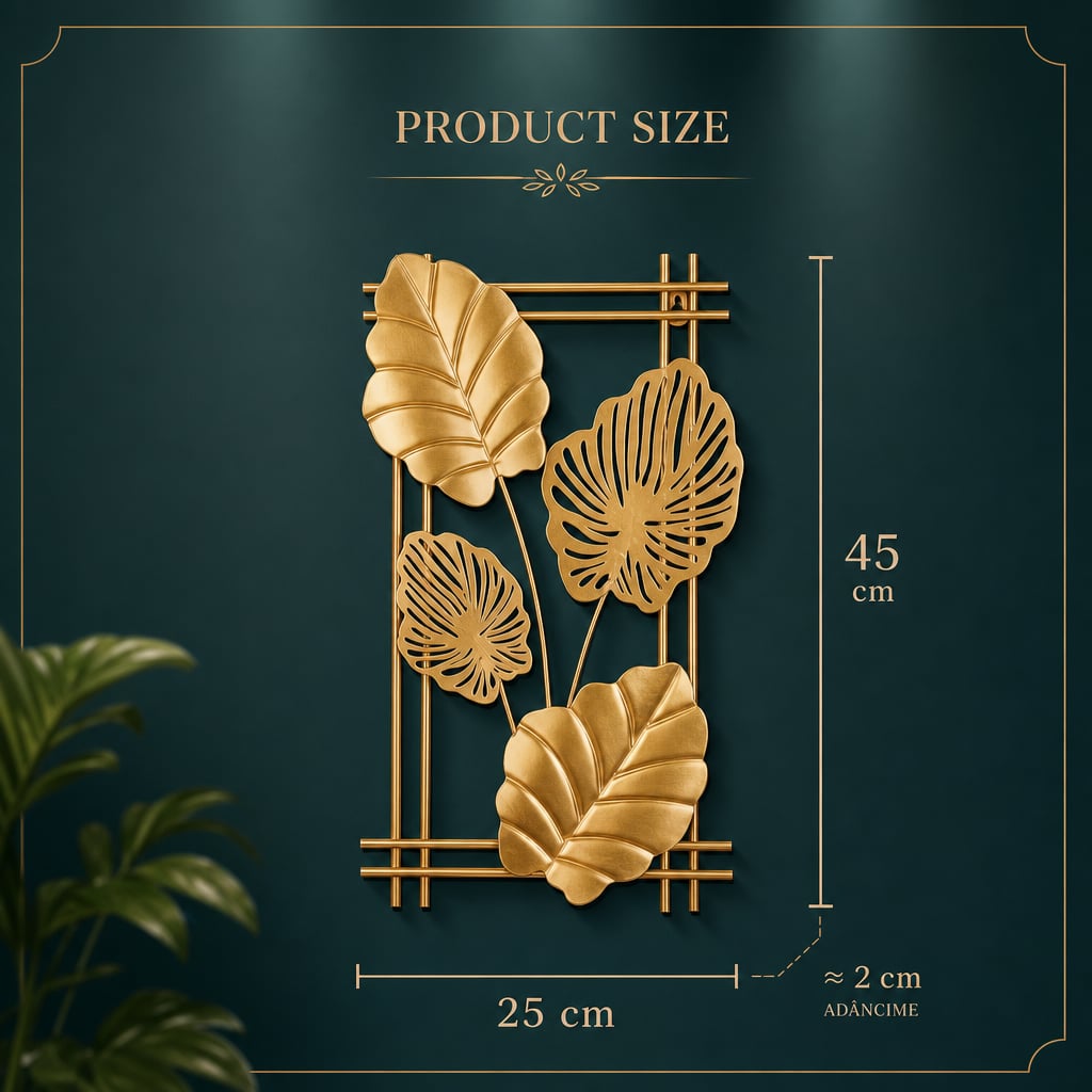 Decoratiune Metalica de Perete LuxCanva® 4Leafs Frame A2931, din Metal, Verticala, Auriu, Dimensiune Mare 30 × 45 × 2 cm