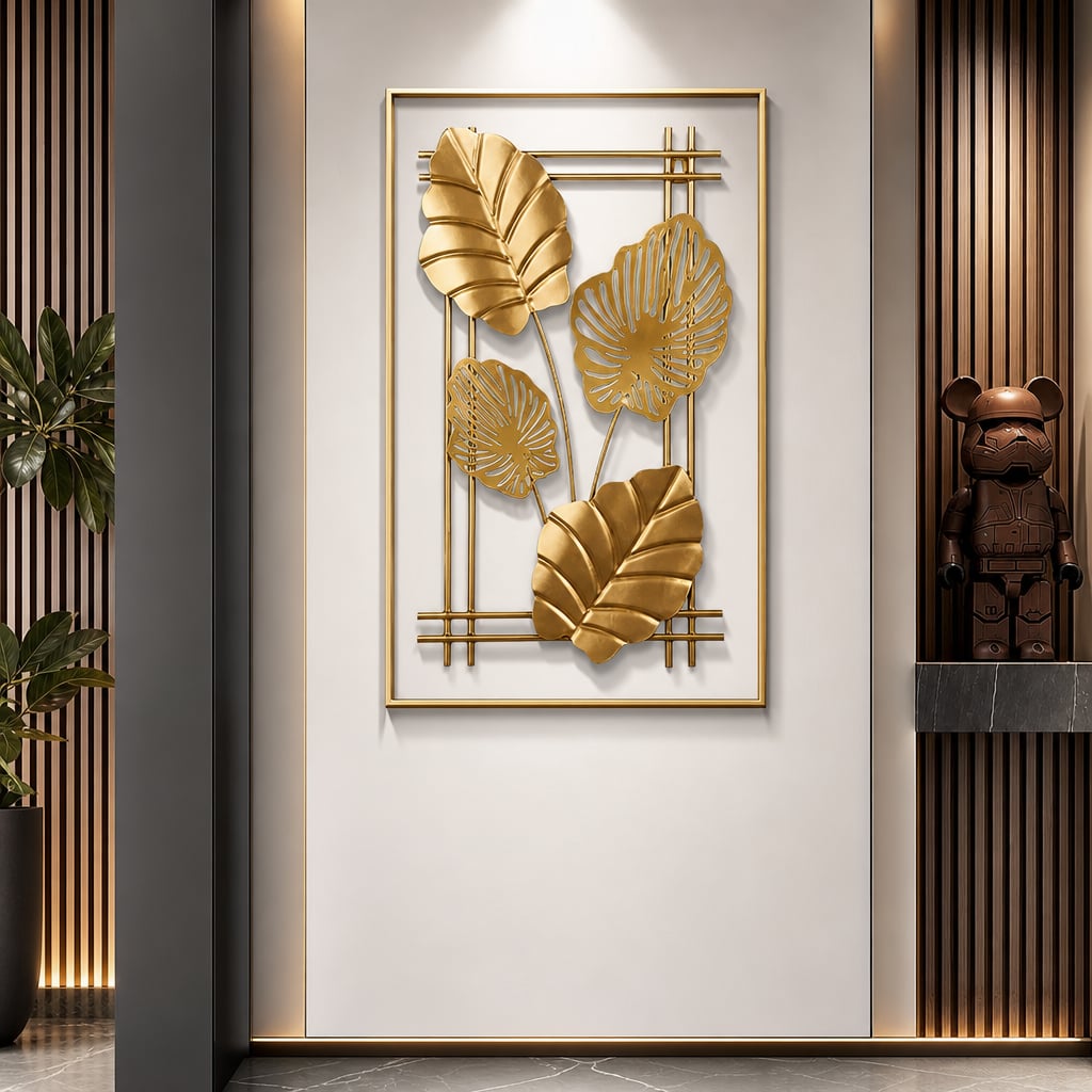 Decoratiune Metalica de Perete LuxCanva® 4Leafs Frame A2931, din Metal, Verticala, Auriu, Dimensiune Mare 30 × 45 × 2 cm