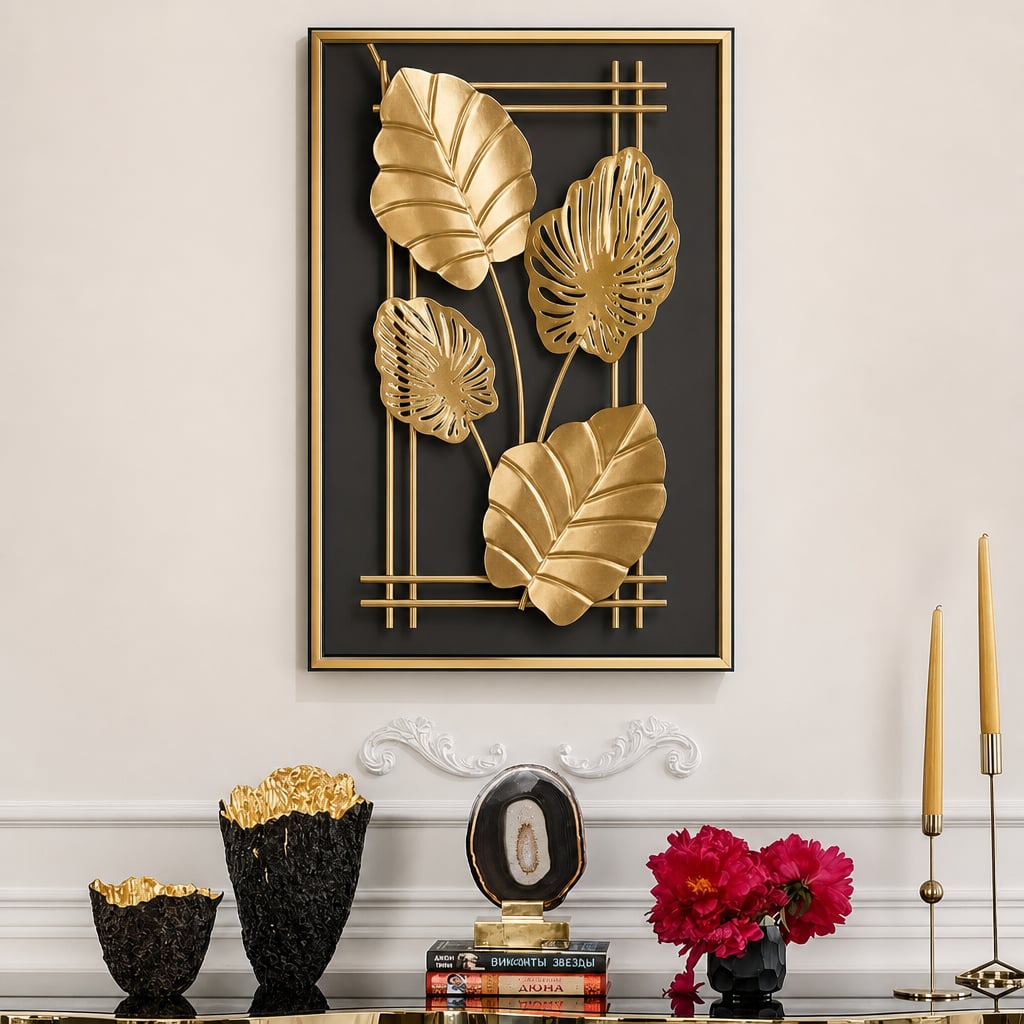 Decoratiune Metalica de Perete LuxCanva® 4Leafs Frame A2931, din Metal, Verticala, Auriu, Dimensiune Mare 30 × 45 × 2 cm