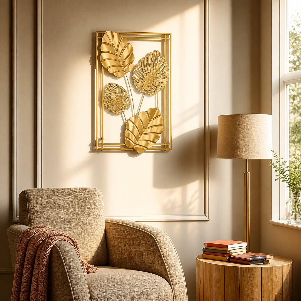 Decoratiune Metalica de Perete LuxCanva® 4Leafs Frame A2931, din Metal, Verticala, Auriu, Dimensiune Mare 30 × 45 × 2 cm