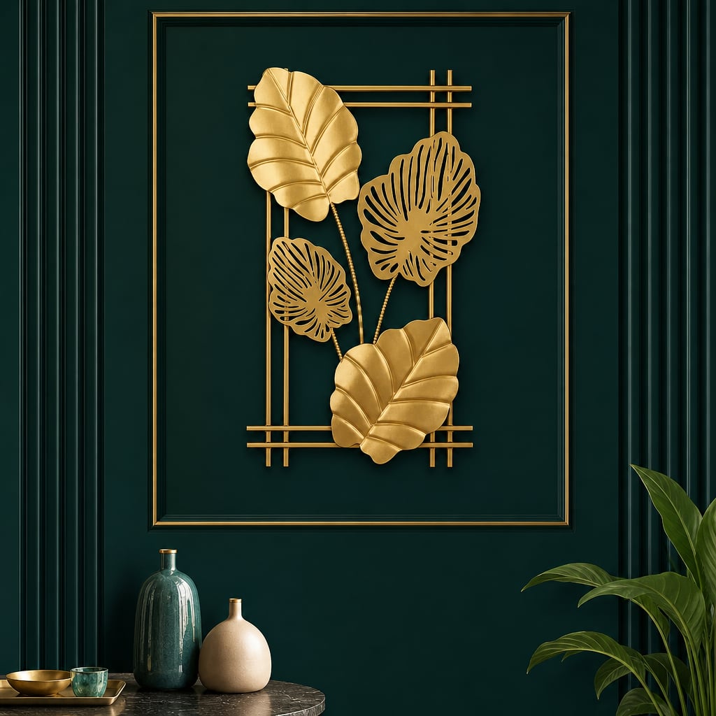 Decoratiune Metalica de Perete LuxCanva® 4Leafs Frame A2931, din Metal, Verticala, Auriu, Dimensiune Mare 30 × 45 × 2 cm