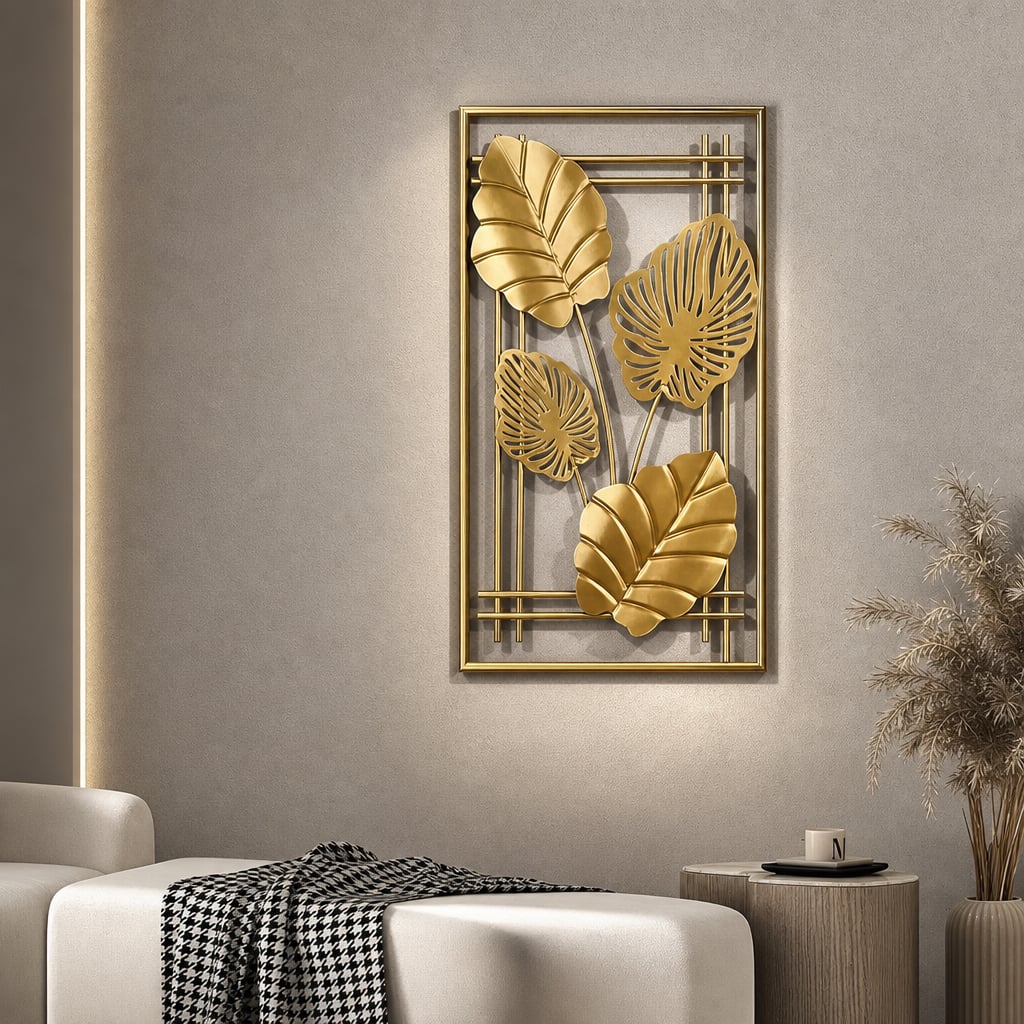 Decoratiune Metalica de Perete LuxCanva® 4Leafs Frame A2931, din Metal, Verticala, Auriu, Dimensiune Mare 30 × 45 × 2 cm