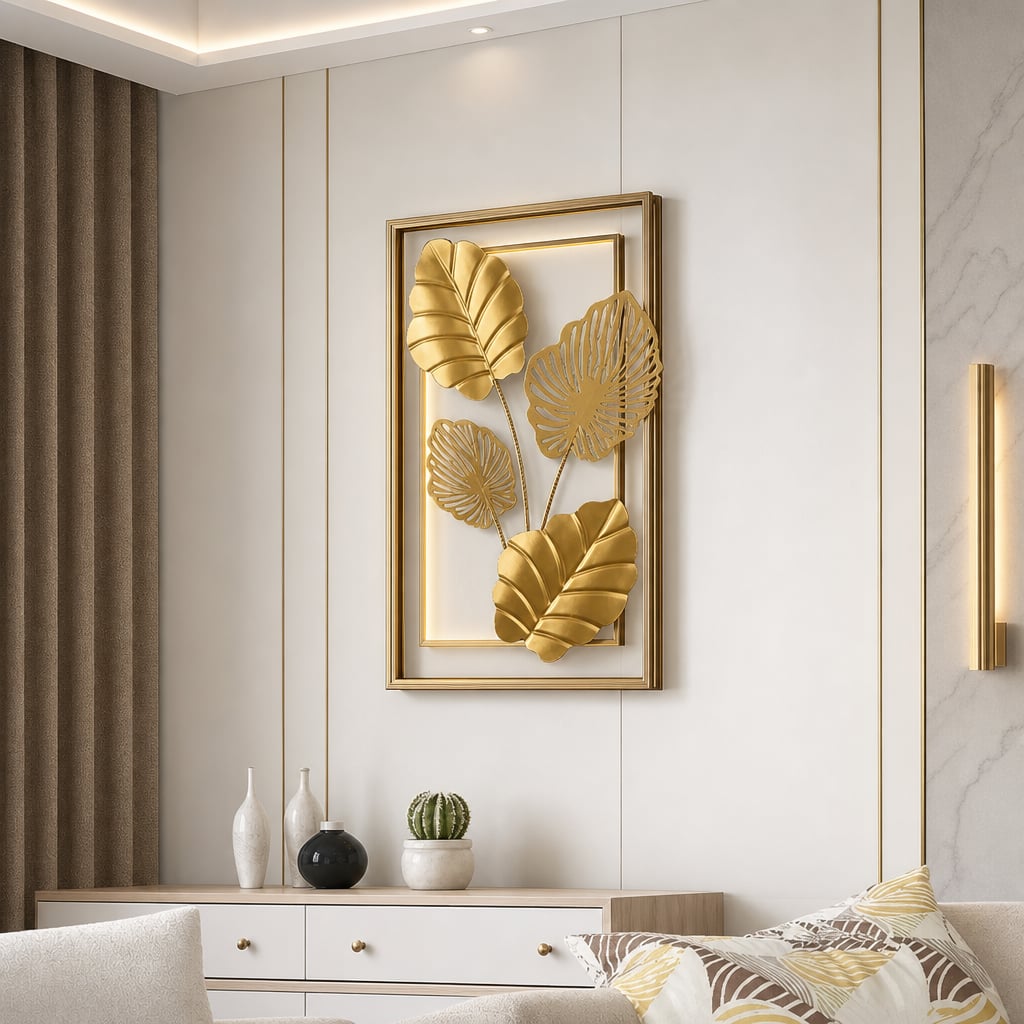 Decoratiune Metalica de Perete LuxCanva® 4Leafs Frame A2931, din Metal, Verticala, Auriu, Dimensiune Mare 30 × 45 × 2 cm