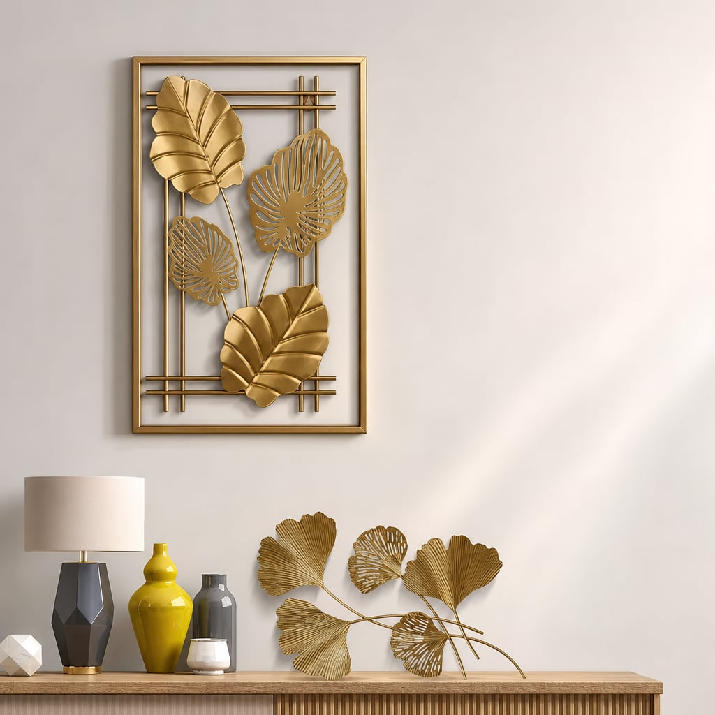 Decoratiune Metalica de Perete LuxCanva® 4Leafs Frame A2931, din Metal, Verticala, Auriu, Dimensiune Mare 30 × 45 × 2 cm