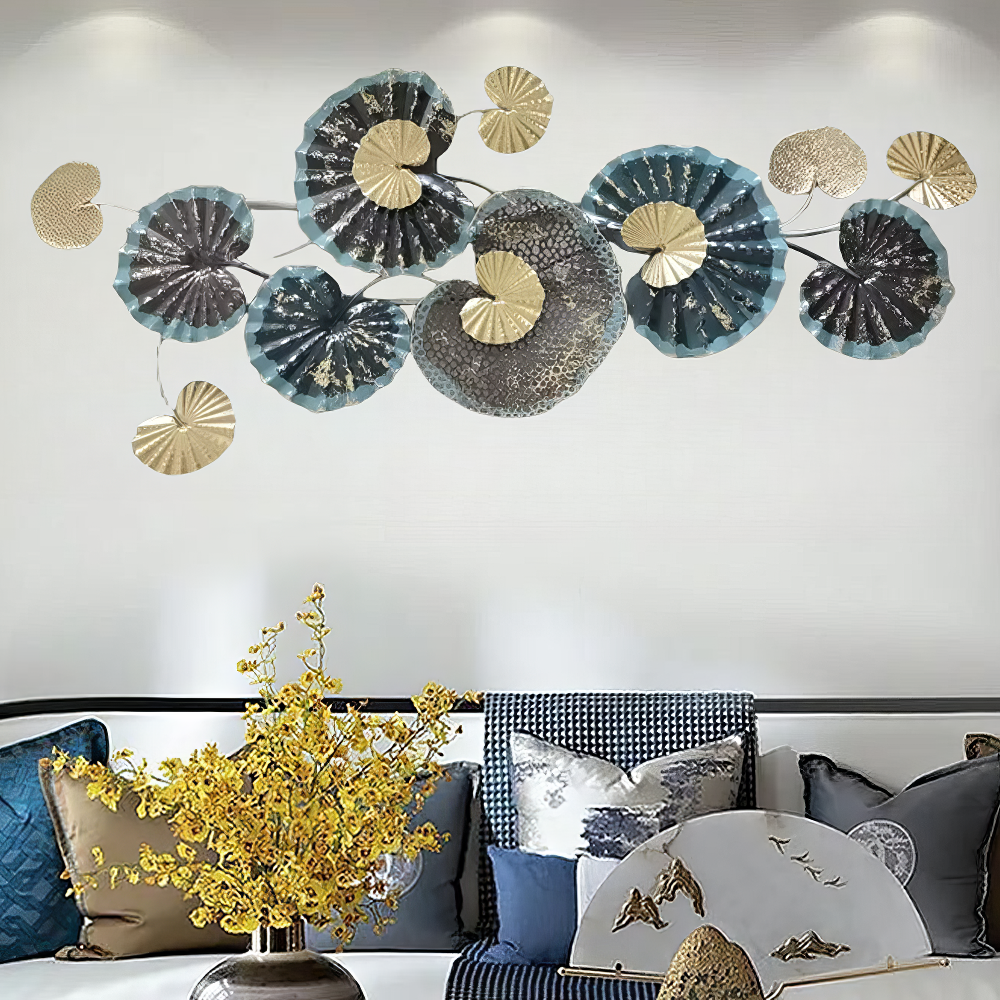 Decoratiune Metalica de Perete LuxCanva® Ocean Flowers A2412, din Metal, Albastru, Orizontala, Auriu, Argintiu, Dimensiune Mare 140 x 60 cm