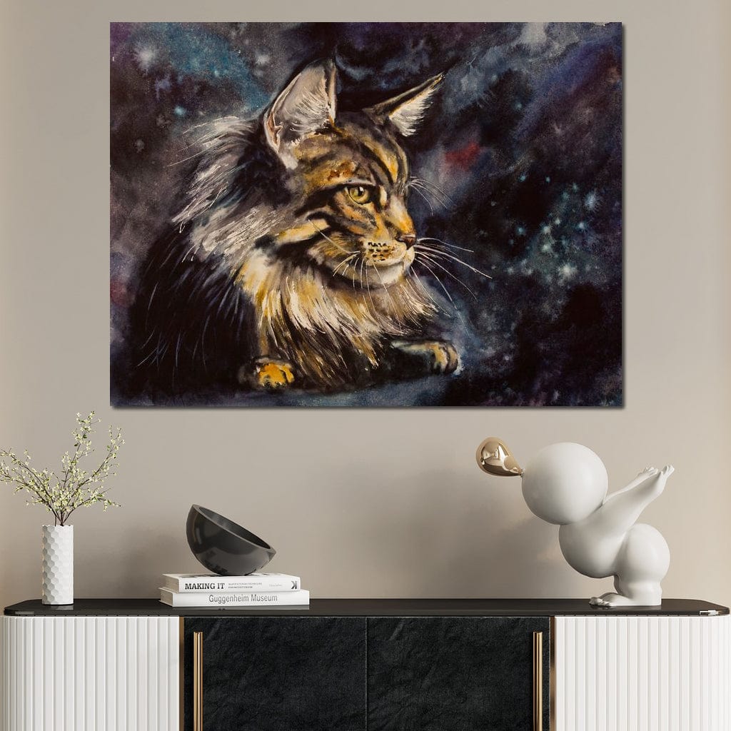 tablou canvas cu un cap de pisica, pe fundal cosmic plin de stele si multicolor