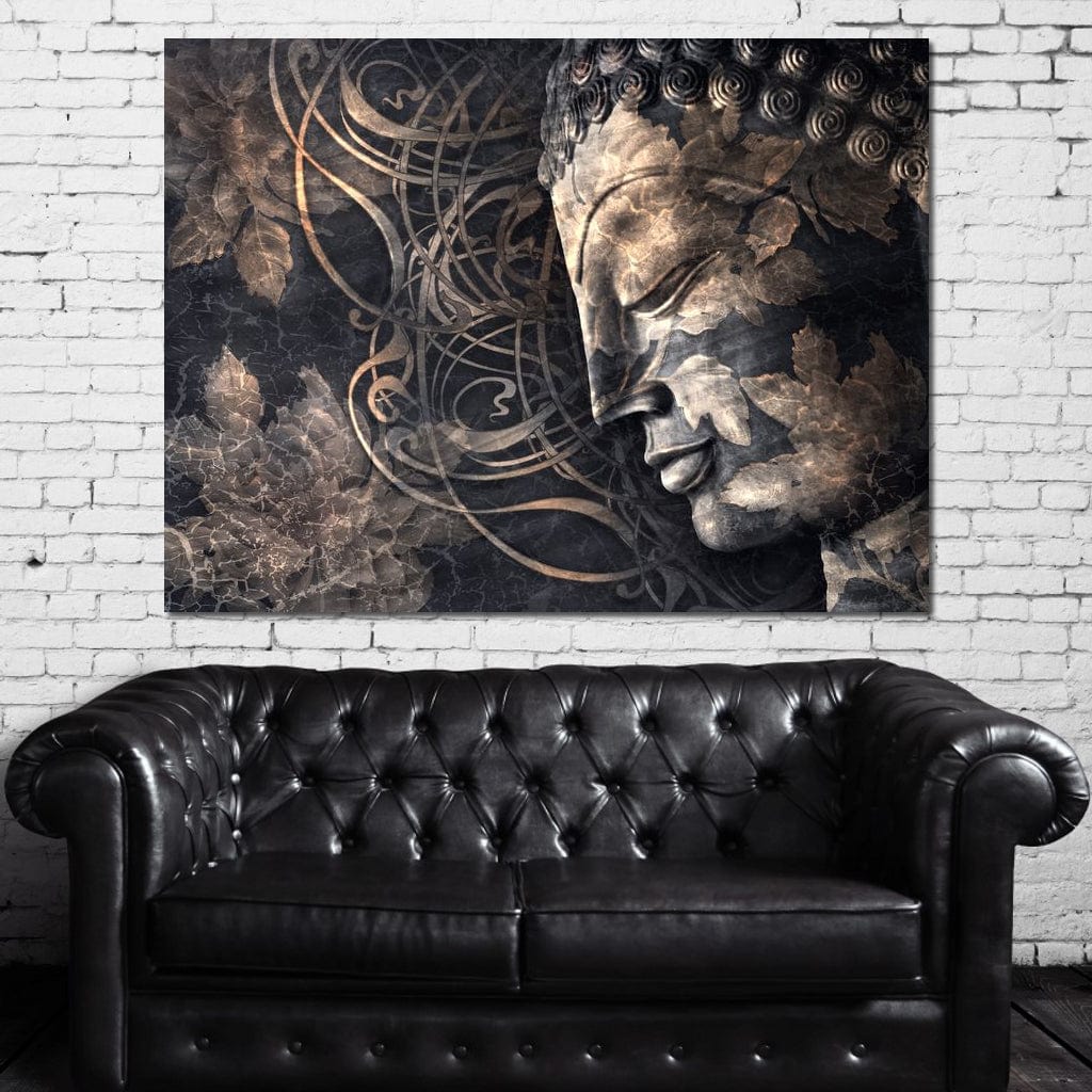 Tablou Canvas Premium LuxCanva® I117, Ganduri din Piatra, Buddha, Echilibru, Meditatie, Zen, Frunze, Ritual, Sacralitate, Fum, Esenta, Armonie, Timp