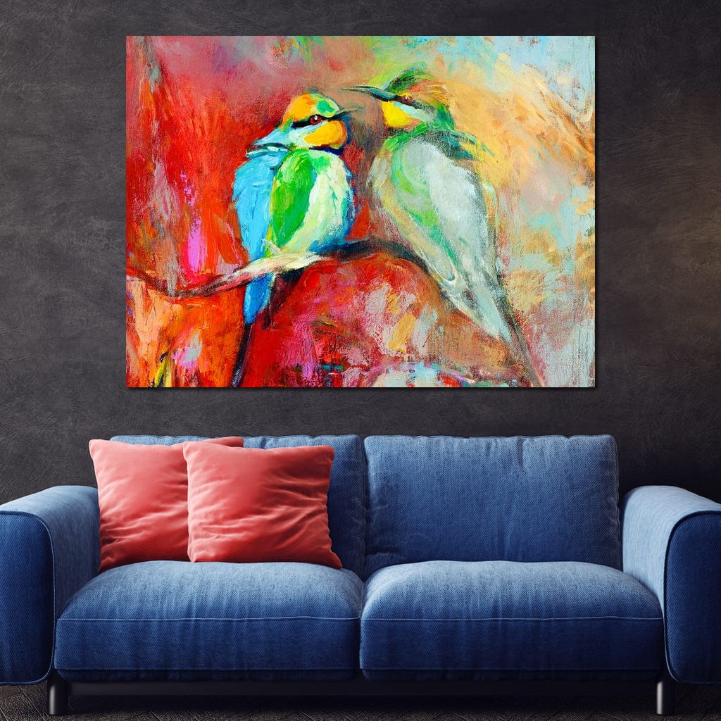 tablou canvas cu doua pasari colorate pe o creanga pe fundal stil pictura in acuarela