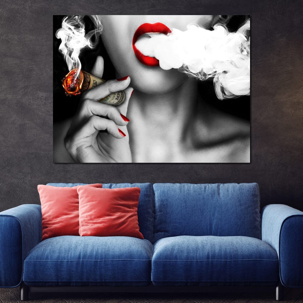 Tablou Canvas Premium LuxCanva® G1028, Bani, Fum si Dorinta ,  Bani, Extravagant, Fum, Buze, Tigara, Interzis, Seductie, Rosii, Living, Dormitor