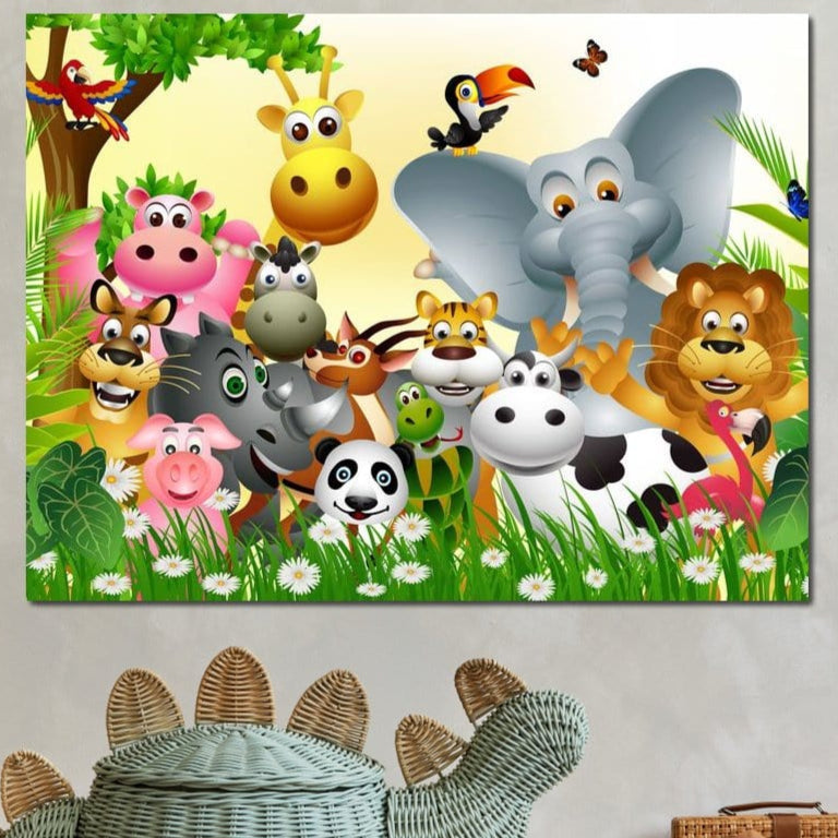 Tablou Canvas Premium, LuxCanva® K1022, Prietenii Veseli din Jungla, Animale, Desene Animate, Jungla, Colorat, Veselie, Gradinita, Educativ, Natura, Cresa, Girafa, Leu, Camera Copii