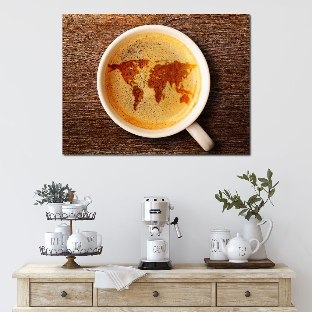 tablou canvas cu harta lumii intr-o ceasca de cafea