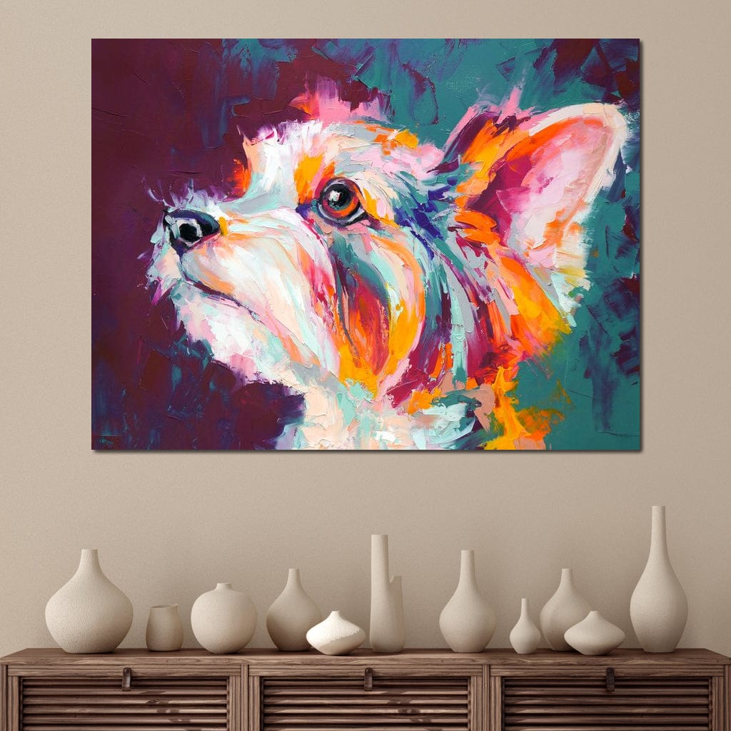 tablou canvas cu un portret de catel redat in culori din pensula, pe fundal abstract vibrant si modern