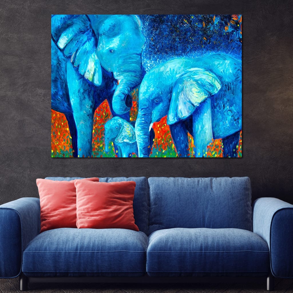 tablou canvas cu elefanti in nuante vibrante de albastru si fundal in tonuri aprinse de portocaliu si rosu