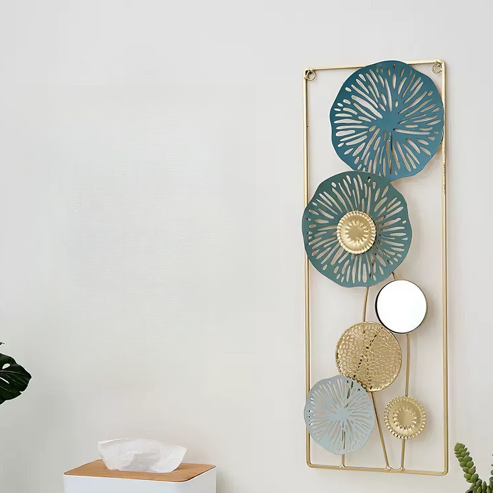 Decoratiune Metalica de Perete LuxCanva® BloomFrame A2920, din Metal, Verticala, Albastru, Auriu, Argintiu, 22 × 60 x 2 cm