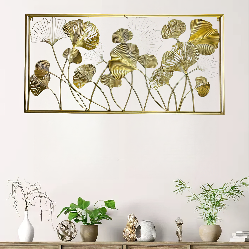 Decoratiune Metalica de Perete LuxCanva® GinkgoAura A0823, din Metal, Orizontala, Auriu, Dimensiune Mare 125 x 60 cm