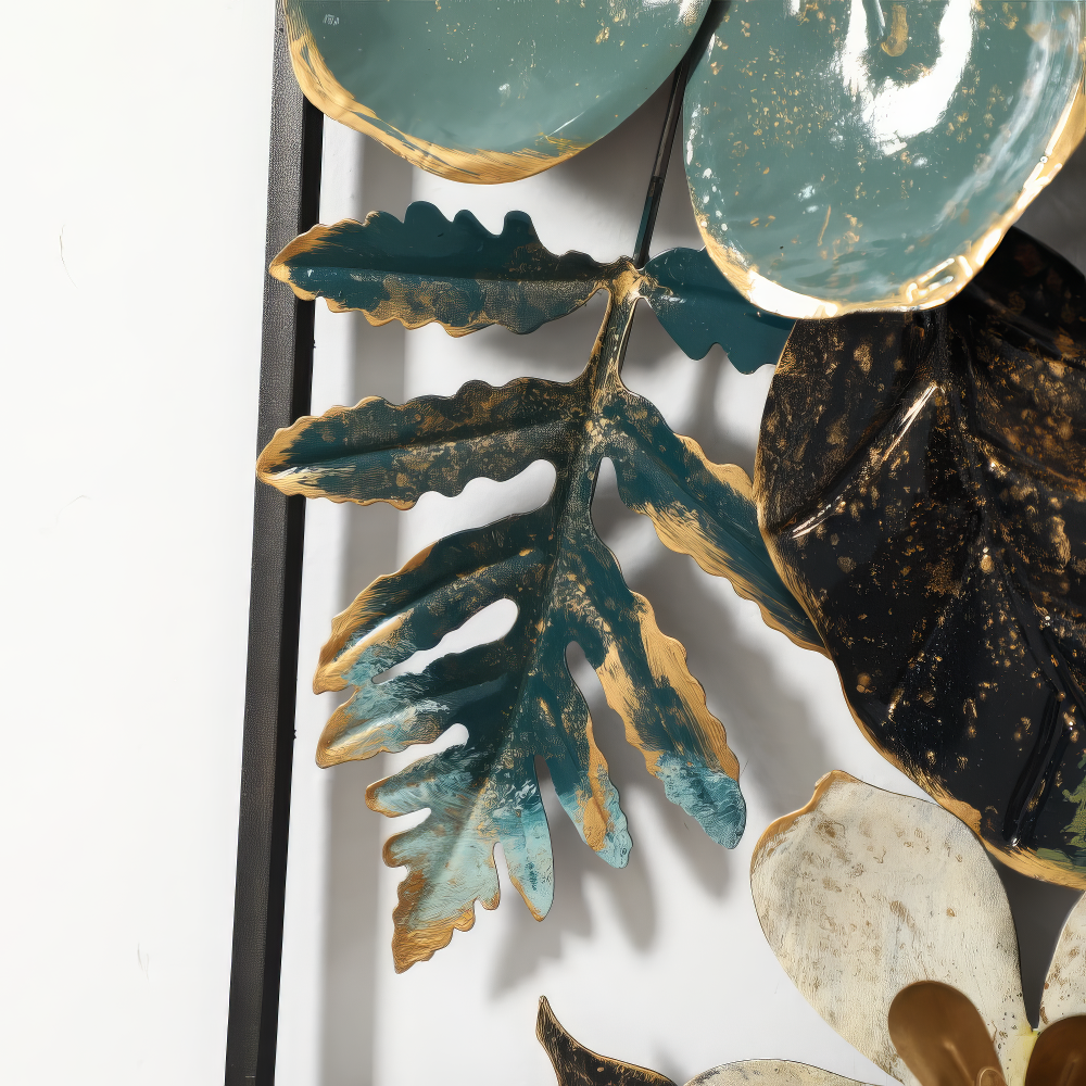 Set 2 Decoratiuni Metalice de Perete LuxCanva® Elisian Garden A2095, din Metal, Verticale, Verde, Alb, Auriu, Dimensiune Mare 31 × 89 cm