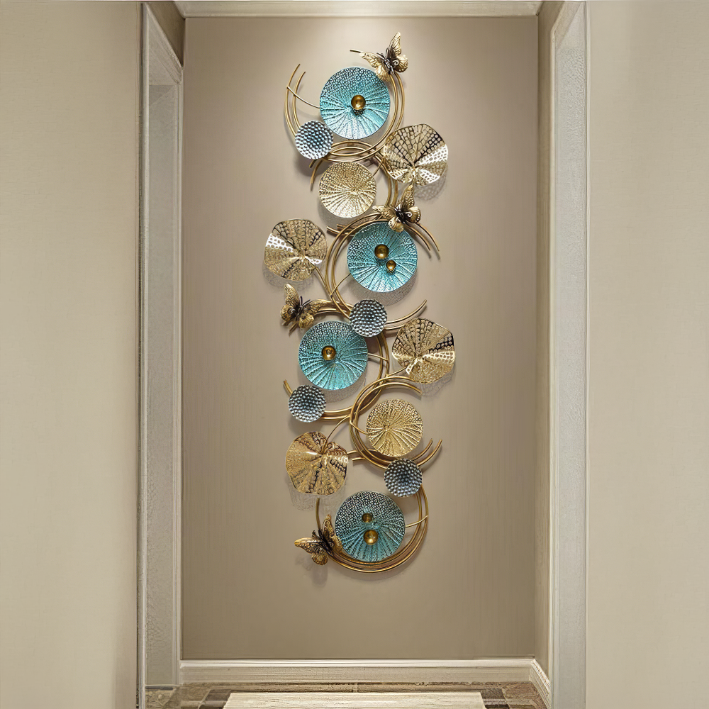 Decoratiune Metalica de Perete LuxCanva® Azure Symphony A2137, din Metal, Orizontala, Albastru, Auriu, Dimensiune Mare 120 x 47 cm