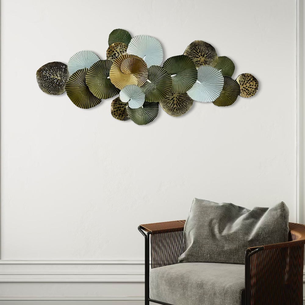 Decoratiune Metalica de Perete LuxCanva® Green Serenity A2508, din Metal, Orizontala, Verde Salvie, Auriu, Dimensiune Mare 165 x 77 cm