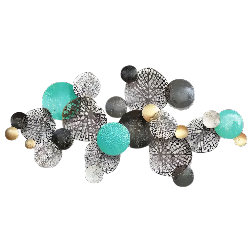 Decoratiune Metalica de Perete LuxCanva® Circle Wall Art A2027, din Metal, Orizontal, Turquoise, Gold, Silver, Dimensiune Mare 133 x 68 cm