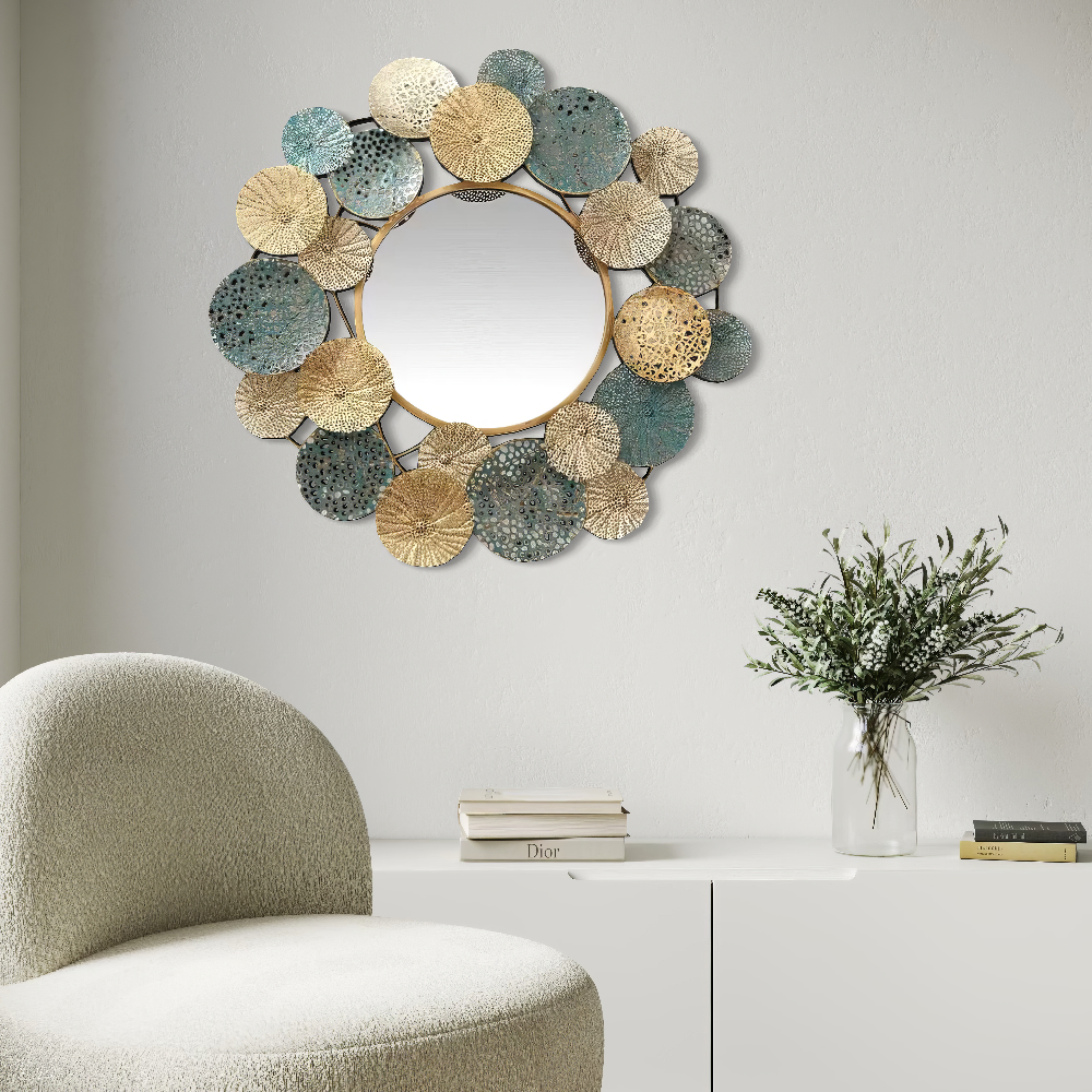 Decoratiune Metalica de Perete LuxCanva® OpalCircles A0921, din Metal, Rotunda, Auriu, Verde, Dimensiune Mare 84 × 73 x 3 cm
