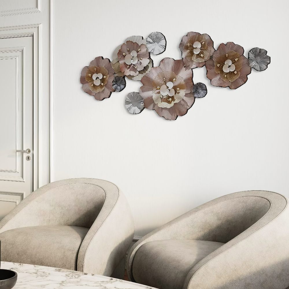 Decoratiune Metalica de Perete LuxCanva® CrystalBloom A2025M Roz, din Metal, Orizontala, Roz, Auriu, Gri, Dimensiune Mare 160 x 64 cm