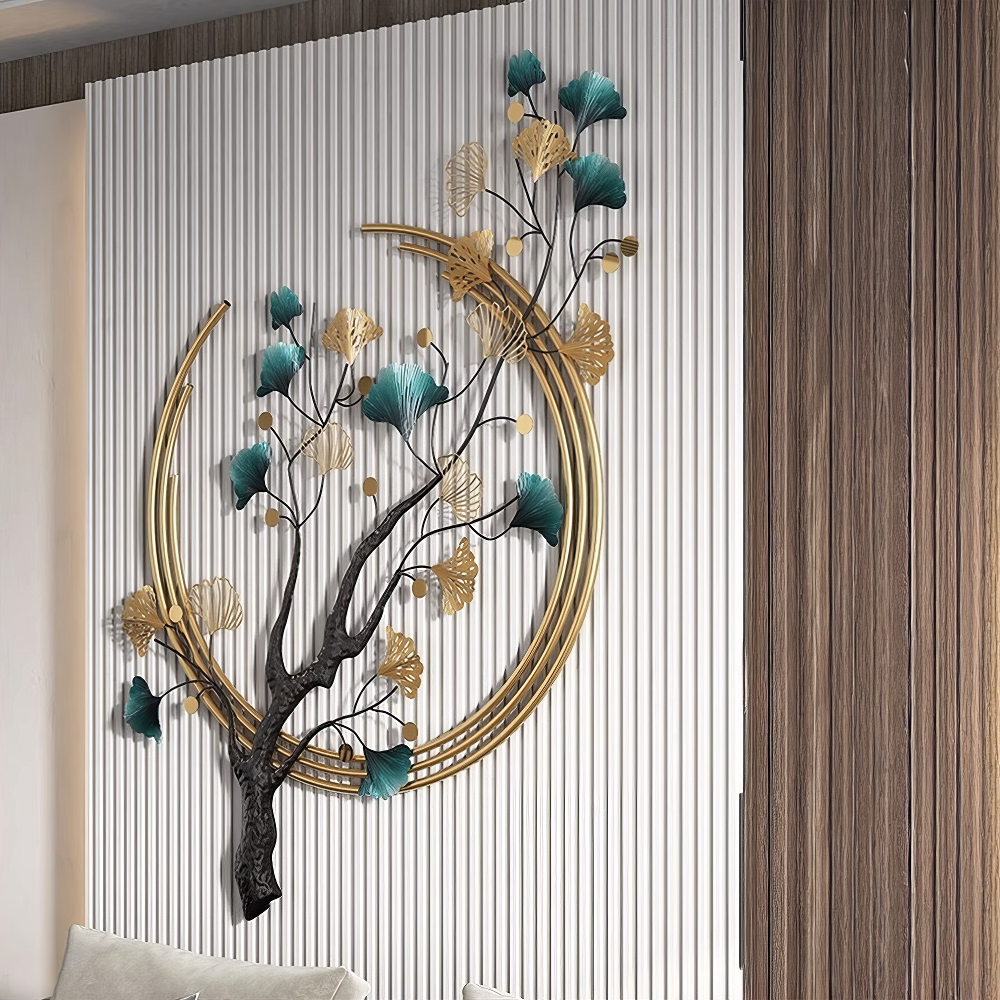 Decoratiune Metalica de Perete LuxCanva® Aurora Branch A0899, din Metal, Orizontala, Auriu, Verde, Negru, Dimensiune Mare 60 × 110 cm