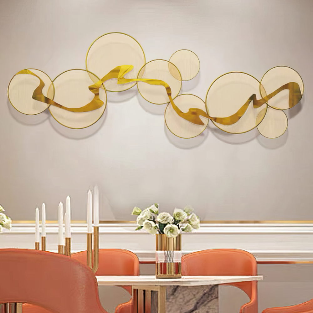 Decoratiune Metalica de Perete LuxCanva® Golden Flow A2525, din Metal, Orizontala, Auriu, Dimensiune Mare 180 x 68 cm