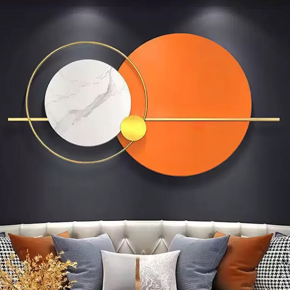 Decoratiune Metalica de Perete LuxCanva® Solar Harmony A2259, din Metal, Orizontala, Portocaliu, Alb, Auriu, Dimensiune Mare 110 x 60 cm