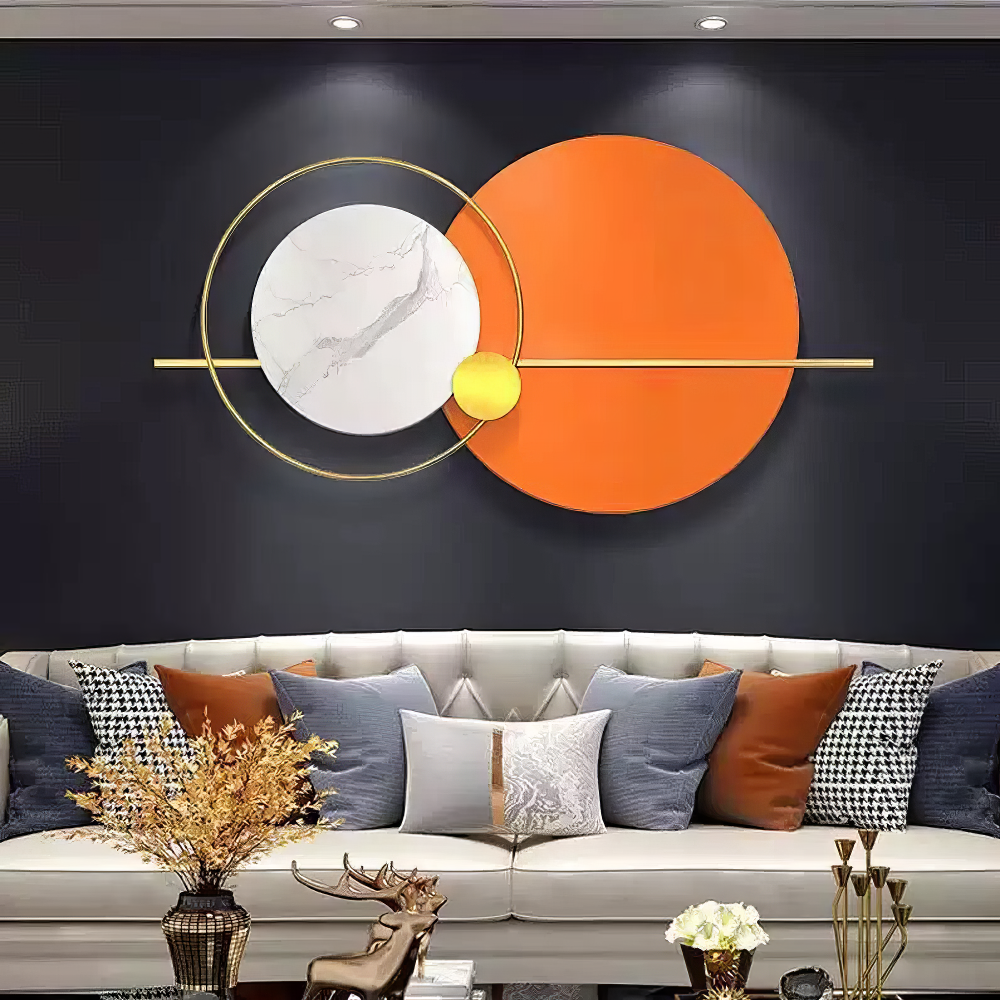 Decoratiune Metalica de Perete LuxCanva® Solar Harmony A2259, din Metal, Orizontala, Portocaliu, Alb, Auriu, Dimensiune Mare 110 x 60 cm