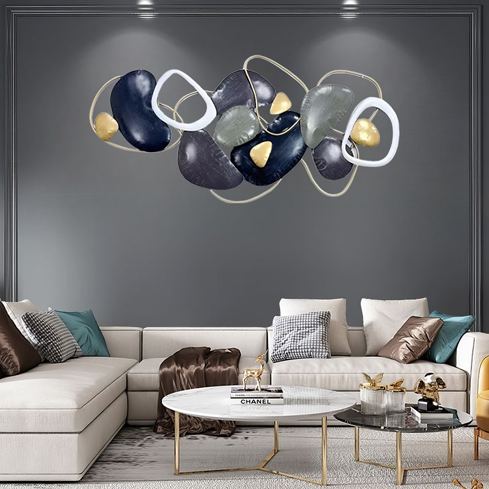 Decoratiune Metalica de Perete LuxCanva® Stone Harmony A2028, din Metal, Orizontal, Negru, Gri, Alb, Auriu, Dimensiune Mare 135 x 64 cm