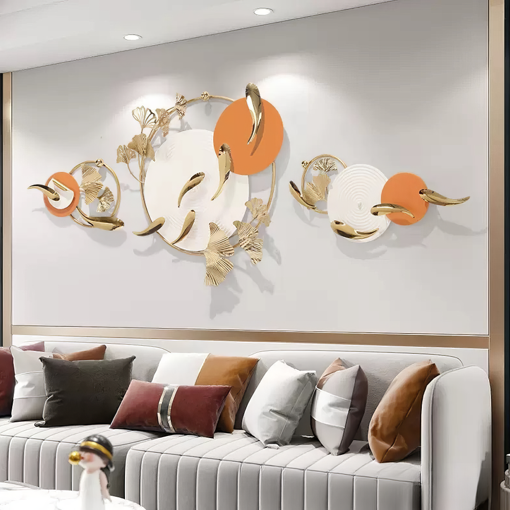 Decoratiune Metalica de Perete LuxCanva® Sun Aura A2556, din Metal, Orizontala, Alb, Auriu si Portocaliu, Dimensiune Mare 200 x 65 cm