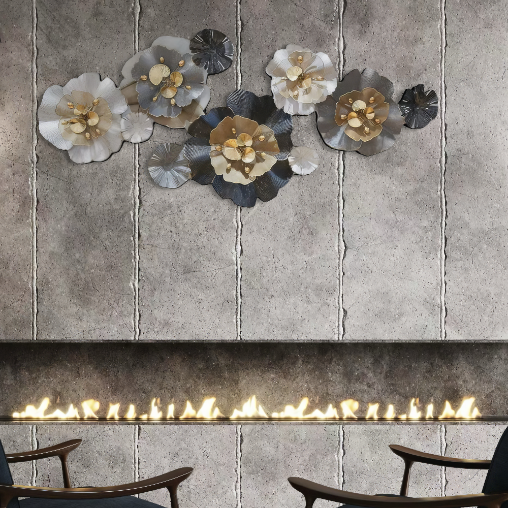 Decoratiune Metalica de Perete LuxCanva® CrystalBloom A2025M Negru, din Metal, Orizontala, Auriu, Alb, Gri, Negru, Dimensiune Mare 160 x 64 cm