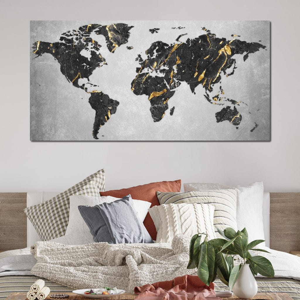tablou canvas cu harta lumii stilizata in negru si auriu
