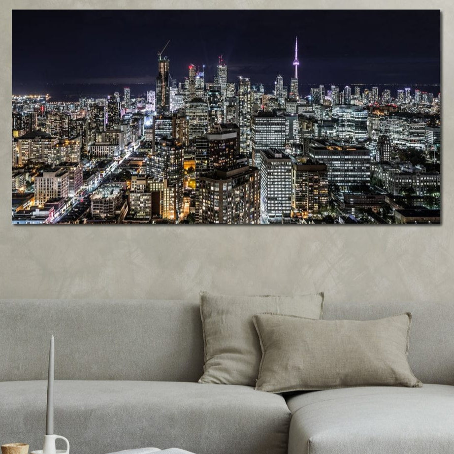 Tablou Canvas Premium, LuxCanva® O1061, Orasul in Mii de Ferestre, Toronto, Canada, Glob, Lumina, Cristal, Apogeu, Otel, Neon, Stele, Puls, Electric, Visare, Vacanta, Privitor, Birou, Living, Dormitor