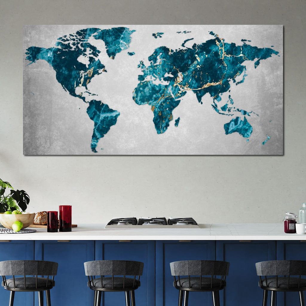 tablou canvas cu harta lumii in nuante de turcoaz si auriu cu aspect de marmura