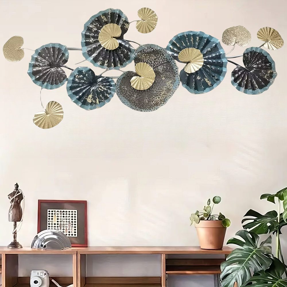 Decoratiune Metalica de Perete LuxCanva® Ocean Flowers A2412, din Metal, Albastru, Orizontala, Auriu, Argintiu, Dimensiune Mare 140 x 60 cm