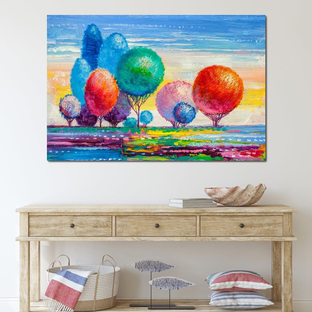 Tablou Canvas Premium, LuxCanva® K1018, Peisaj de Basm, Curcubeu, Padure, Copaci, Rotunzi, Balon, Natura, Explozie, Culoare, Taram, Simfonie, Imaginar, Ludic, Camera Copii