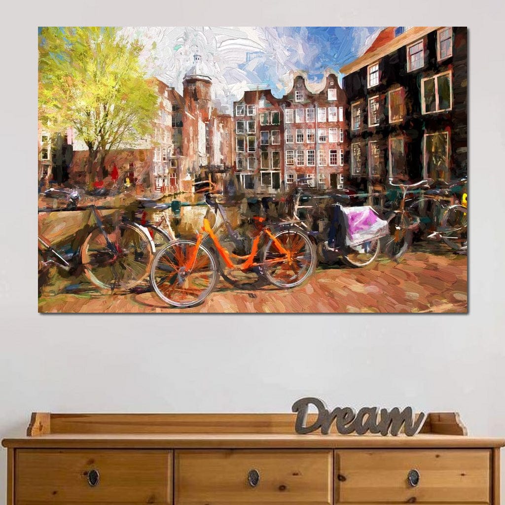 Tablou Canvas Premium, LuxCanva® O1012, Boemul Amsterdam, Bicicleta, Simfonie, Culori, Olandez, Canal, Mal, Roti, Farmec, Olanda, Traditie, Turist, Citadin, City, Break, Birou, Living, Dormitor